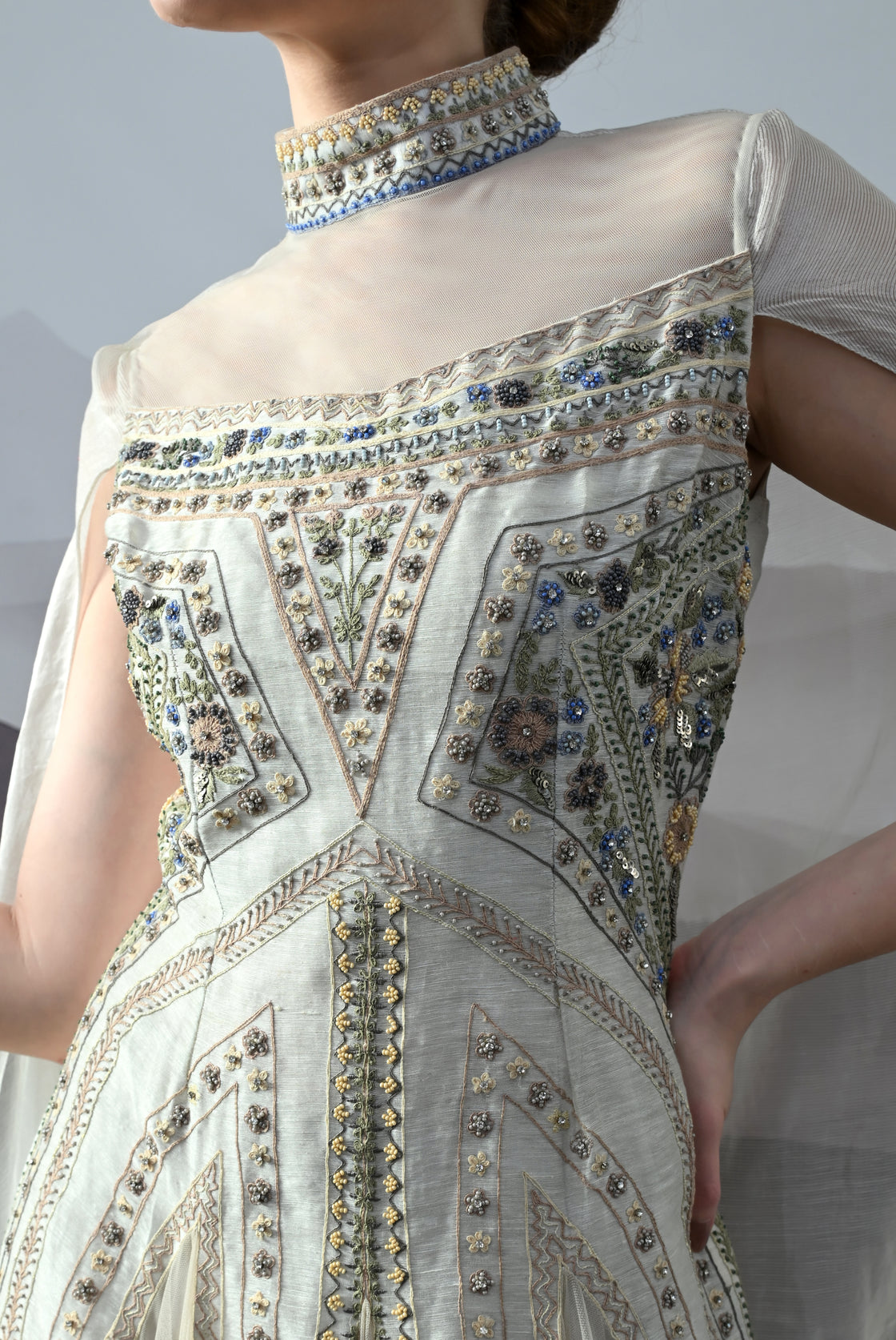 Ivory High Neck Gown with Handworked Panelled Embroidery