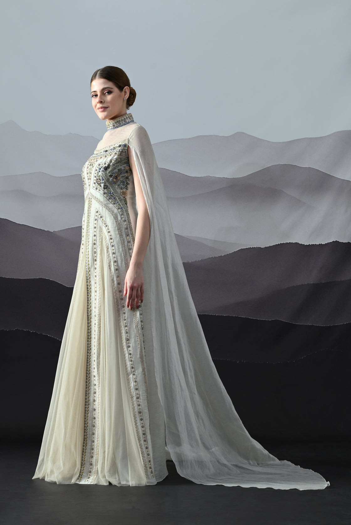 Ivory High Neck Gown with Handworked Panelled Embroidery