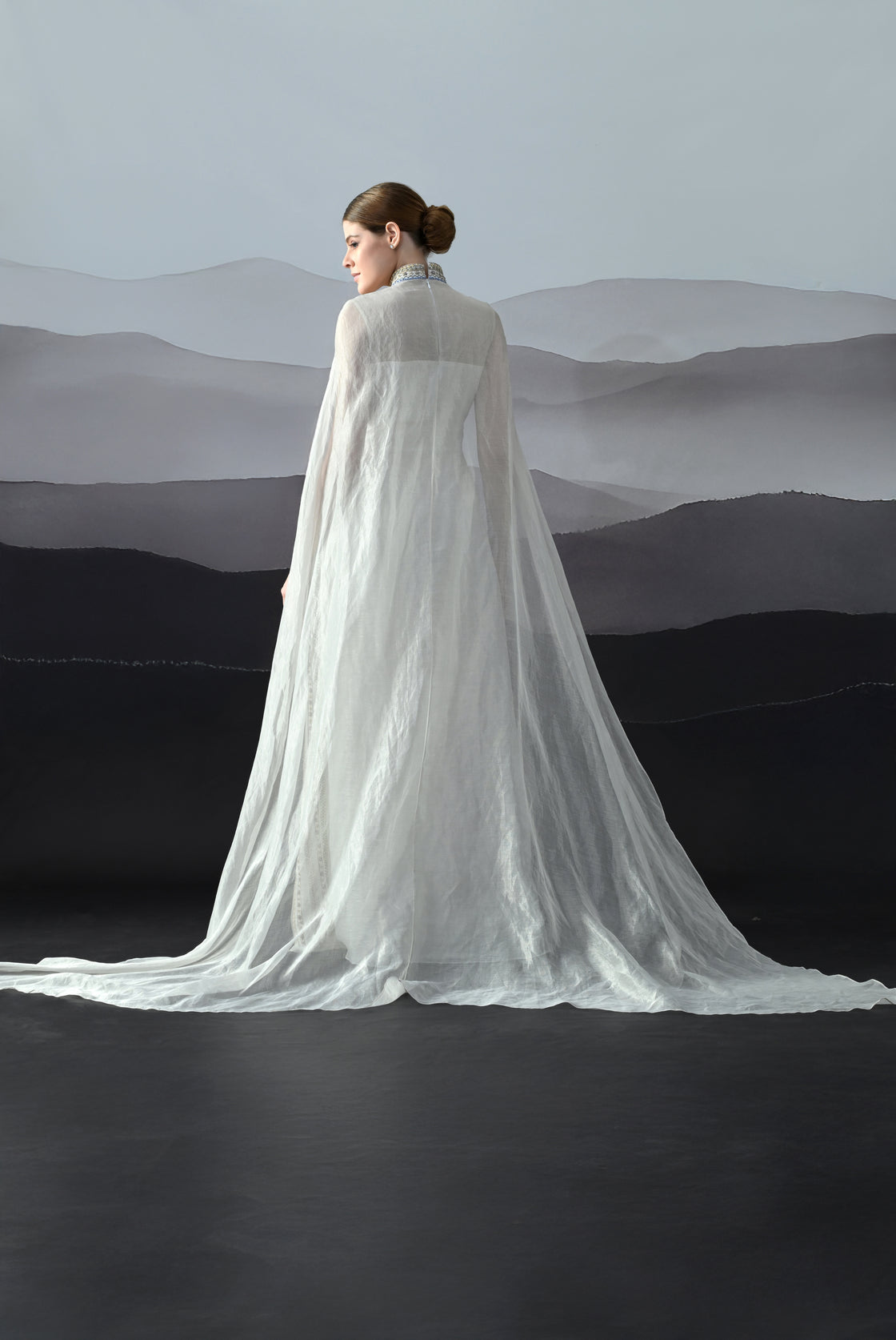 Ivory High Neck Gown with Handworked Panelled Embroidery