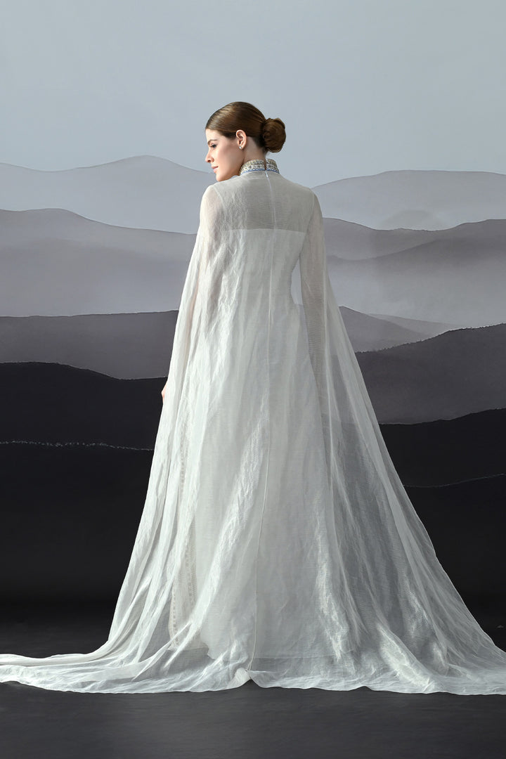 Ivory High Neck Gown With Handworked Panelled Embroidery