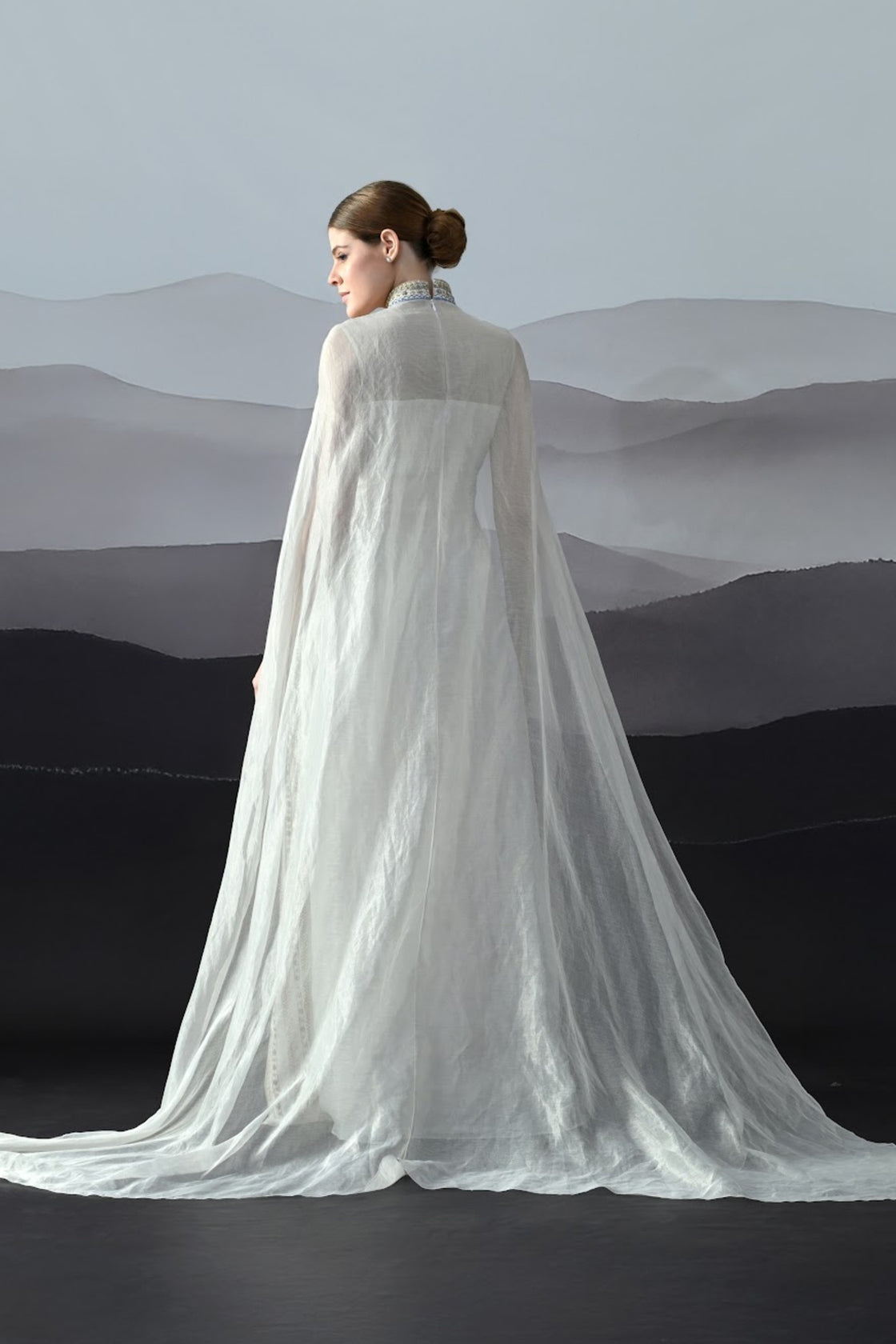 Ivory High Neck Gown With Handworked Panelled Embroidery