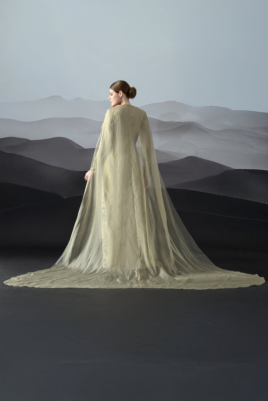 Peach Gown Featuring All-Over Floral Handwork