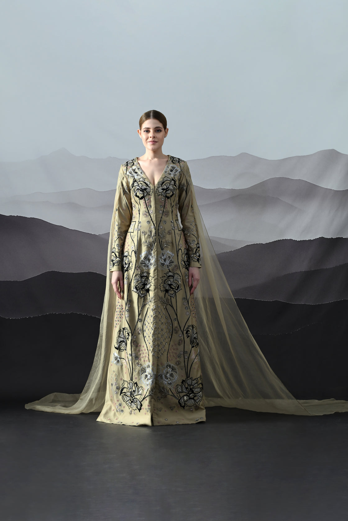 Peach Gown Featuring All-Over Floral Handwork