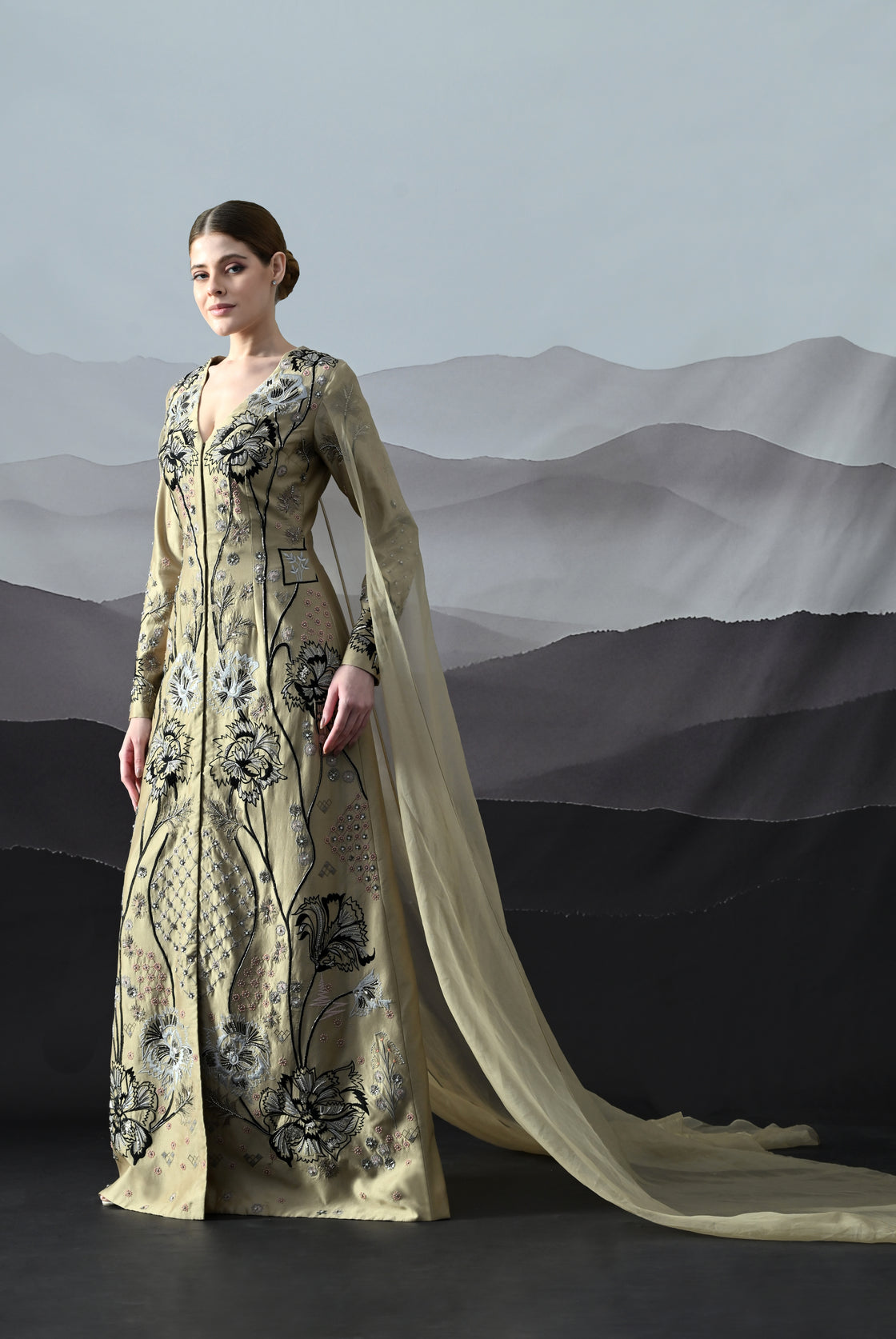 Peach Gown Featuring All-Over Floral Handwork