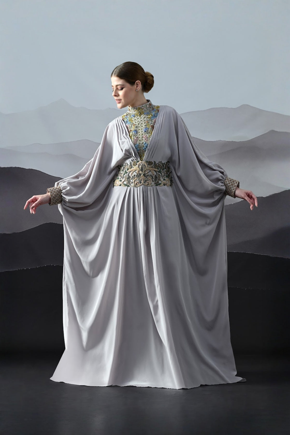 Soft Grey Draped Gown With Hand-Embroidered High Neck And Floral Waist Detail