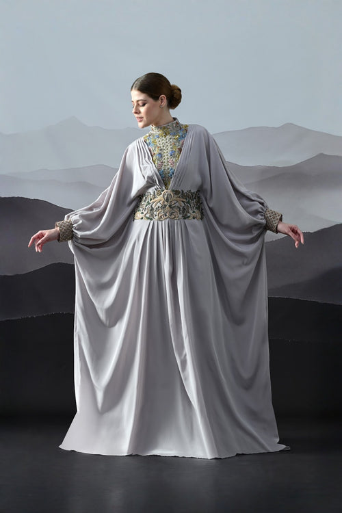 Soft Grey Draped Gown With Hand-Embroidered High Neck And Floral Waist Detail