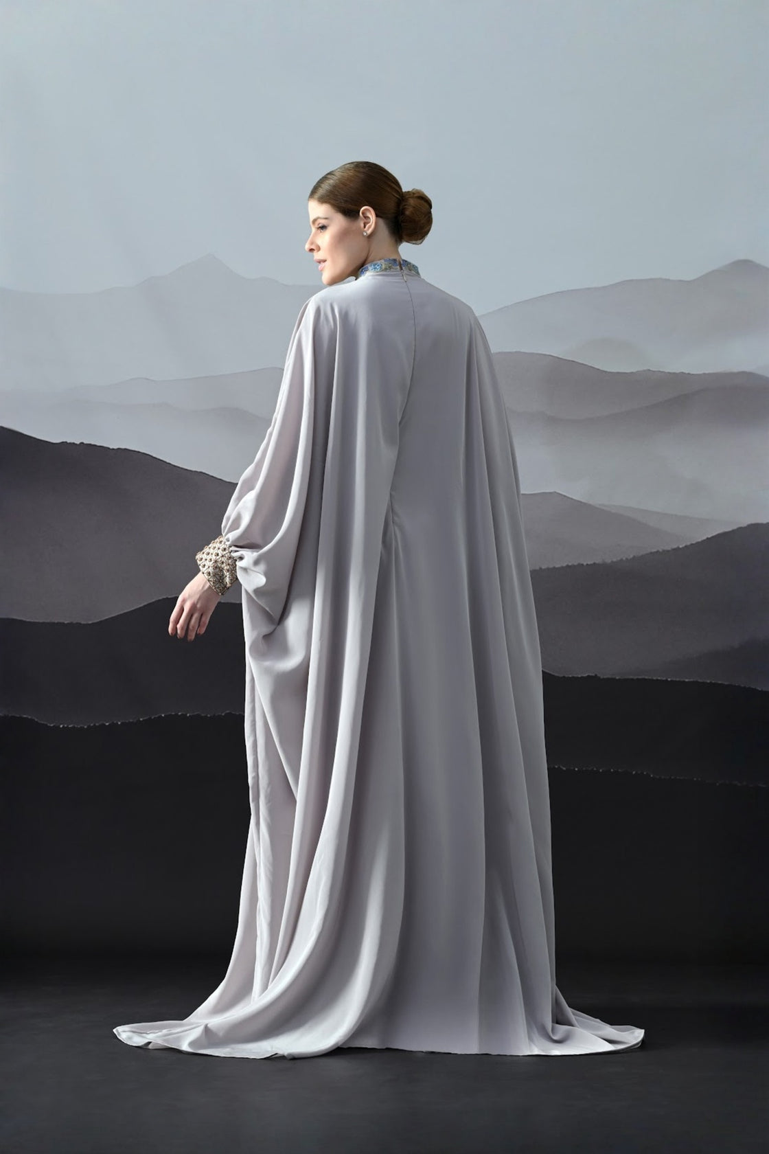 Soft Grey Draped Gown With Hand-Embroidered High Neck And Floral Waist Detail