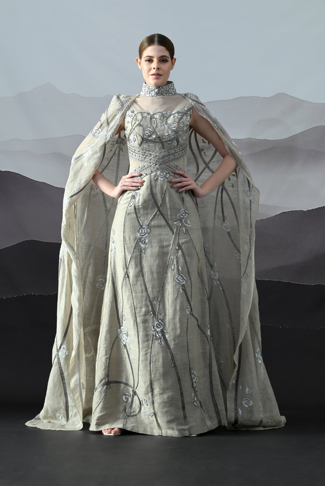 Soft Grey Couture Gown with Hand-Embroidered Floral Trails and Sheer Draped Panels