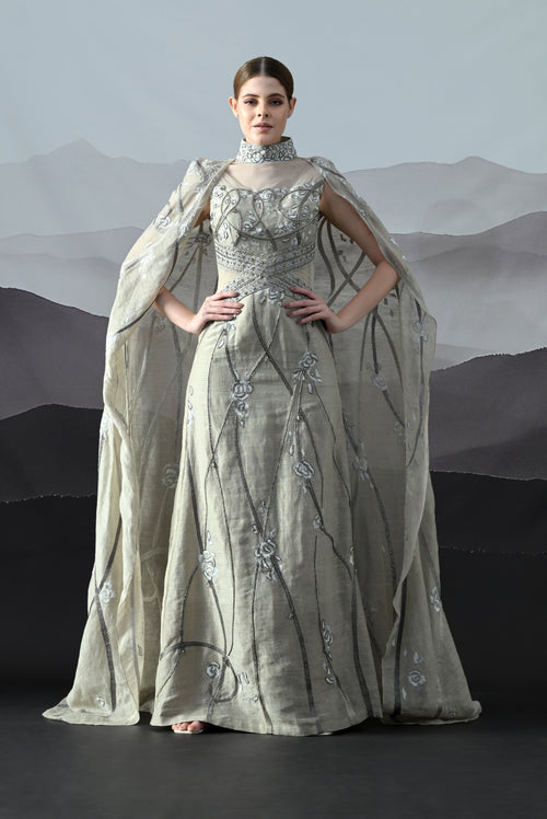 Soft Grey Couture Gown with Hand-Embroidered Floral Trails and Sheer Draped Panels