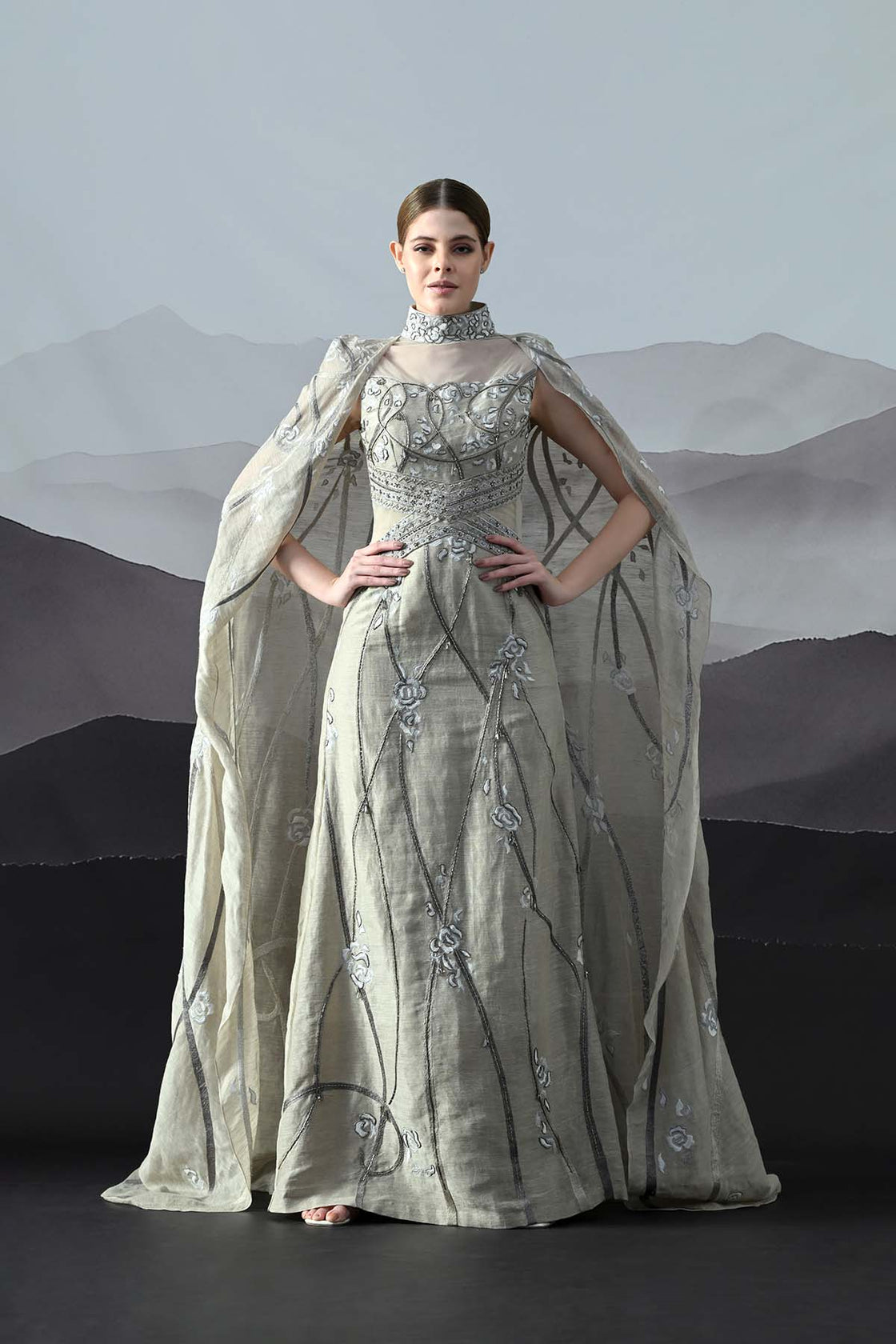 Soft Grey Couture Gown With Hand-Embroidered Floral Trails And Sheer Draped Panels