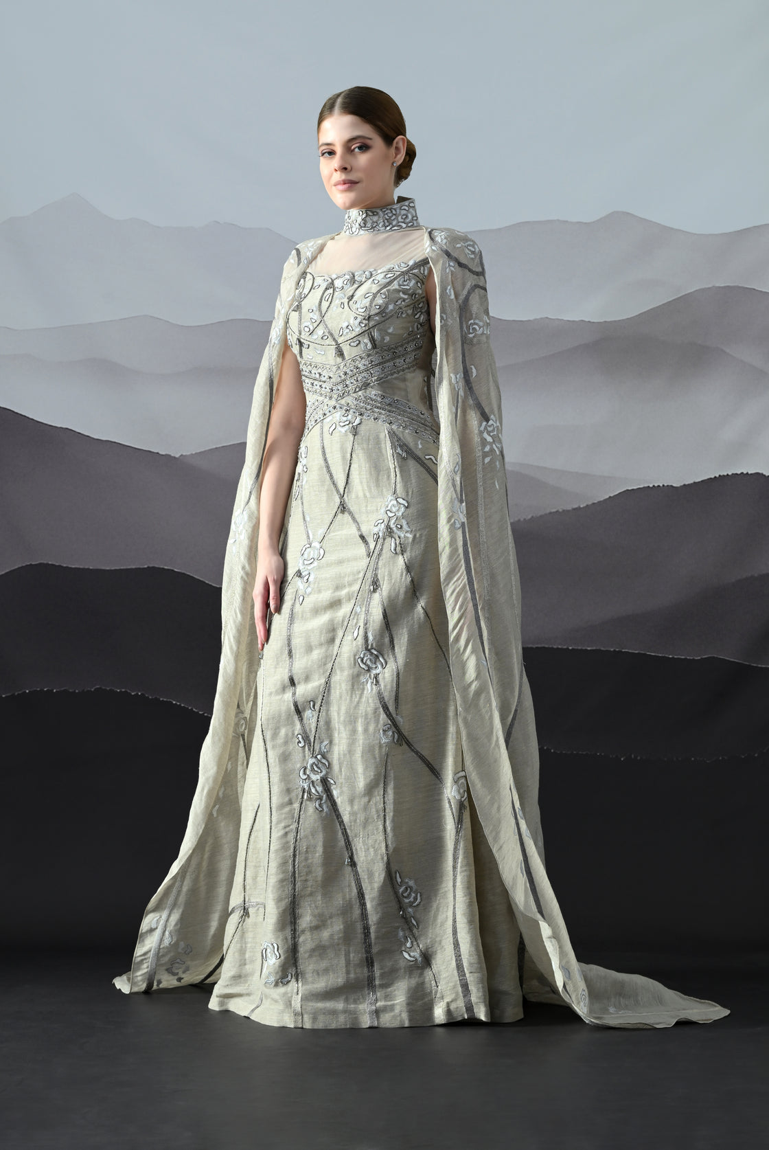 Soft Grey Couture Gown with Hand-Embroidered Floral Trails and Sheer Draped Panels