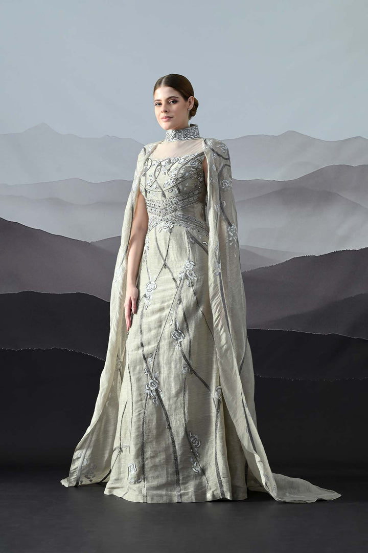 Soft Grey Couture Gown With Hand-Embroidered Floral Trails And Sheer Draped Panels