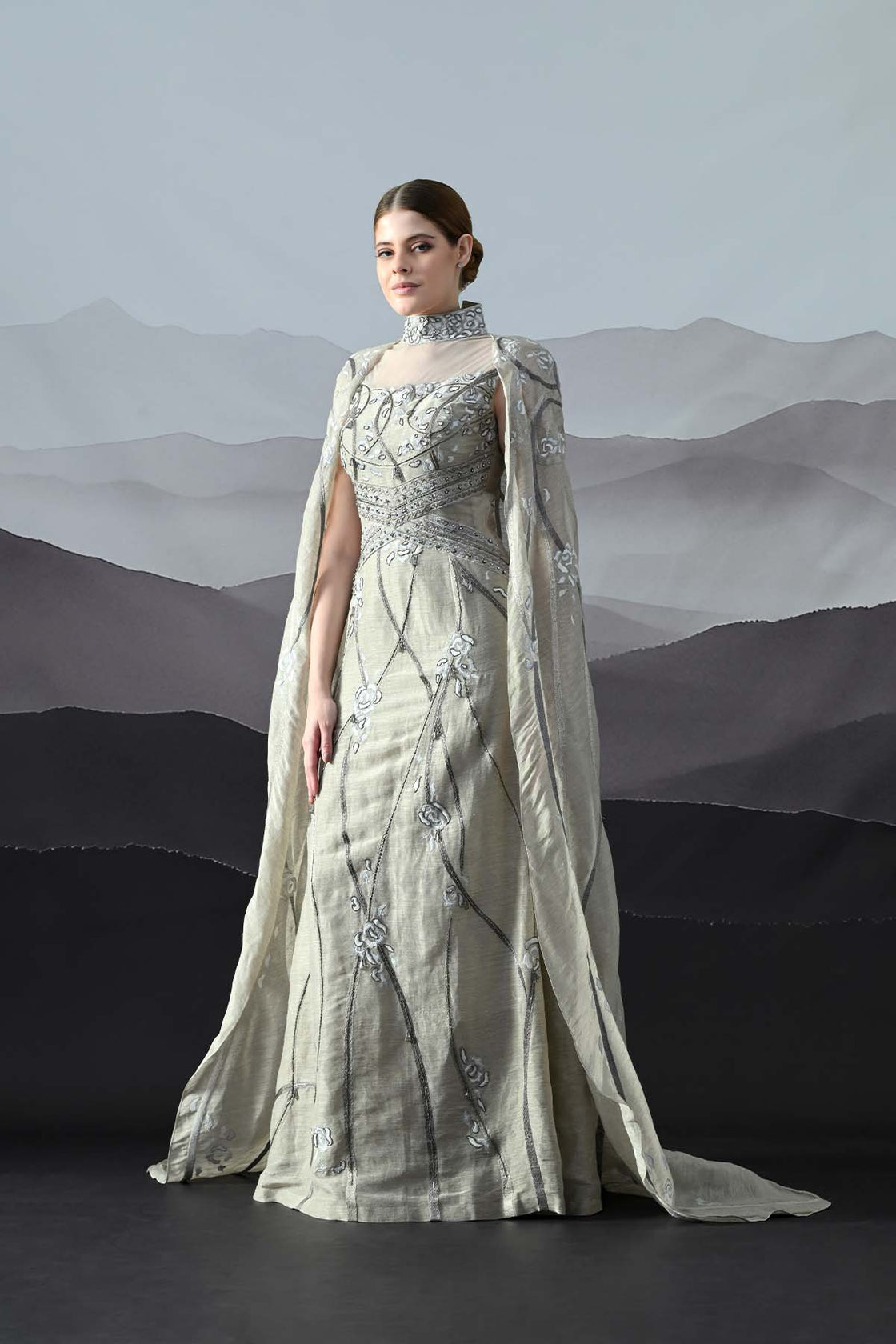 Soft Grey Couture Gown With Hand-Embroidered Floral Trails And Sheer Draped Panels