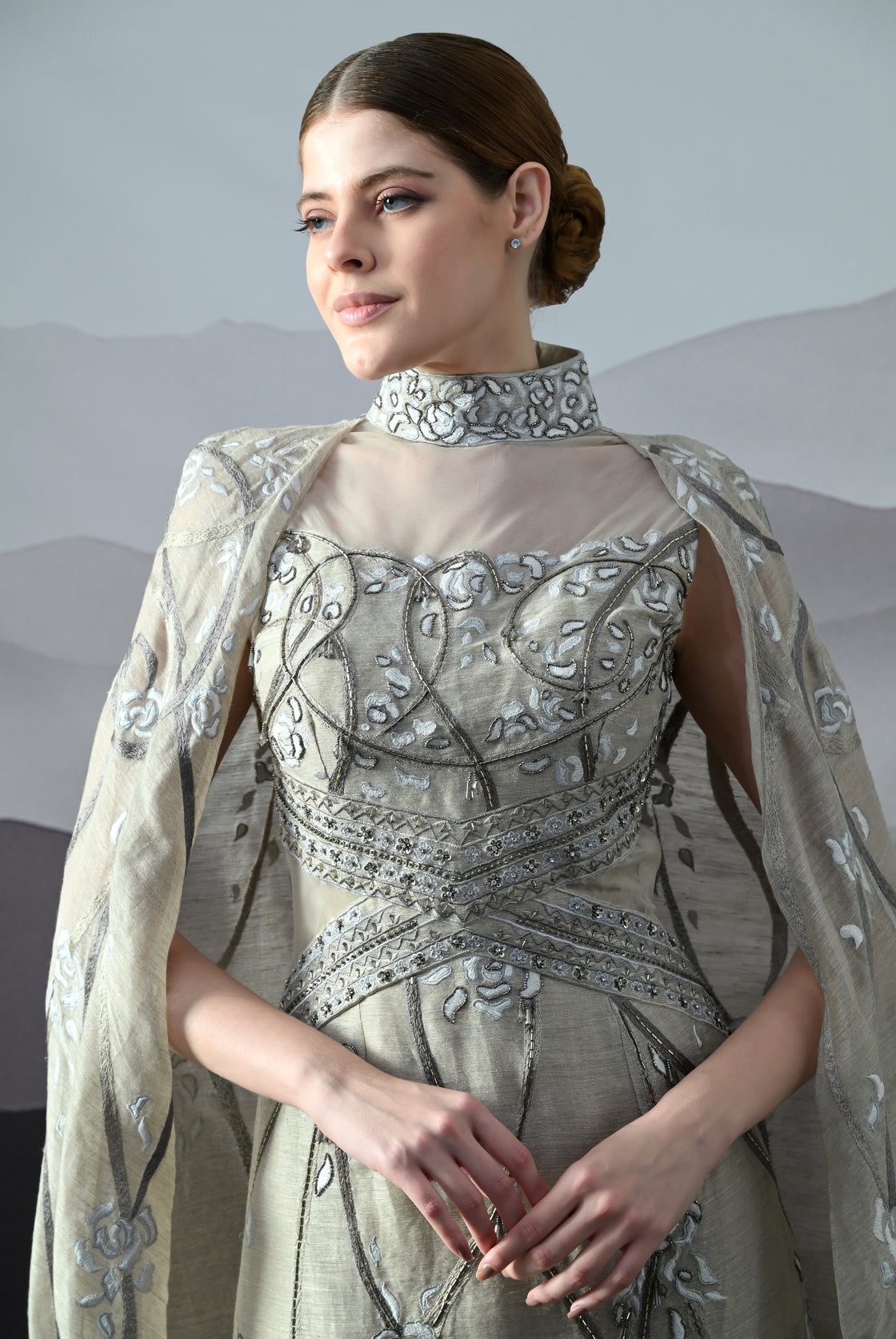 Soft Grey Couture Gown with Hand-Embroidered Floral Trails and Sheer Draped Panels