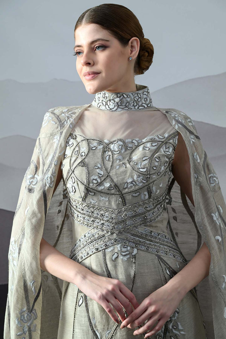 Soft Grey Couture Gown With Hand-Embroidered Floral Trails And Sheer Draped Panels