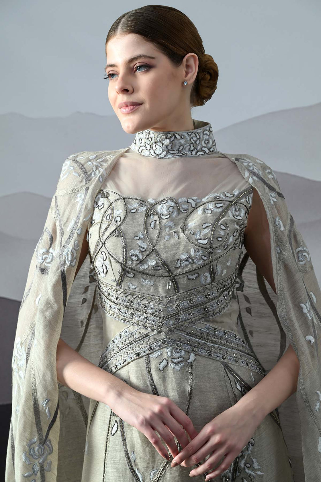Soft Grey Couture Gown With Hand-Embroidered Floral Trails And Sheer Draped Panels