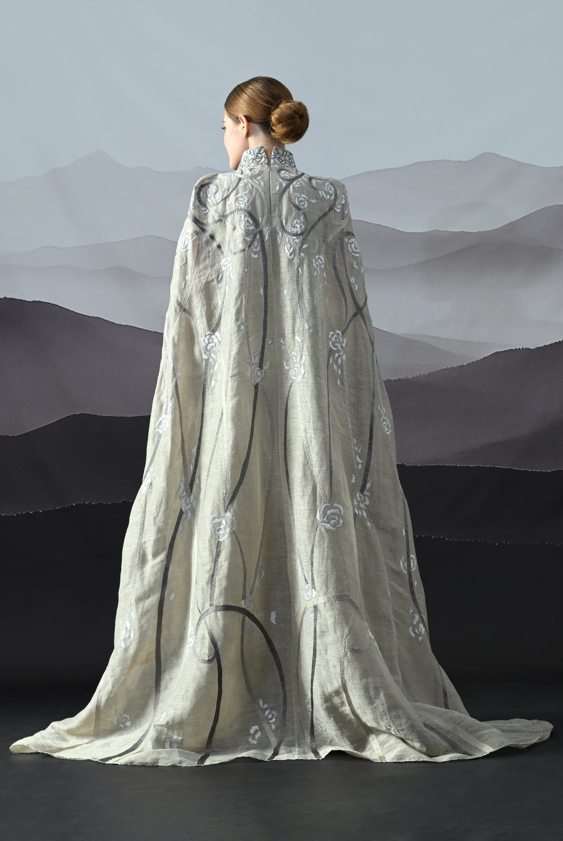 Soft Grey Couture Gown with Hand-Embroidered Floral Trails and Sheer Draped Panels