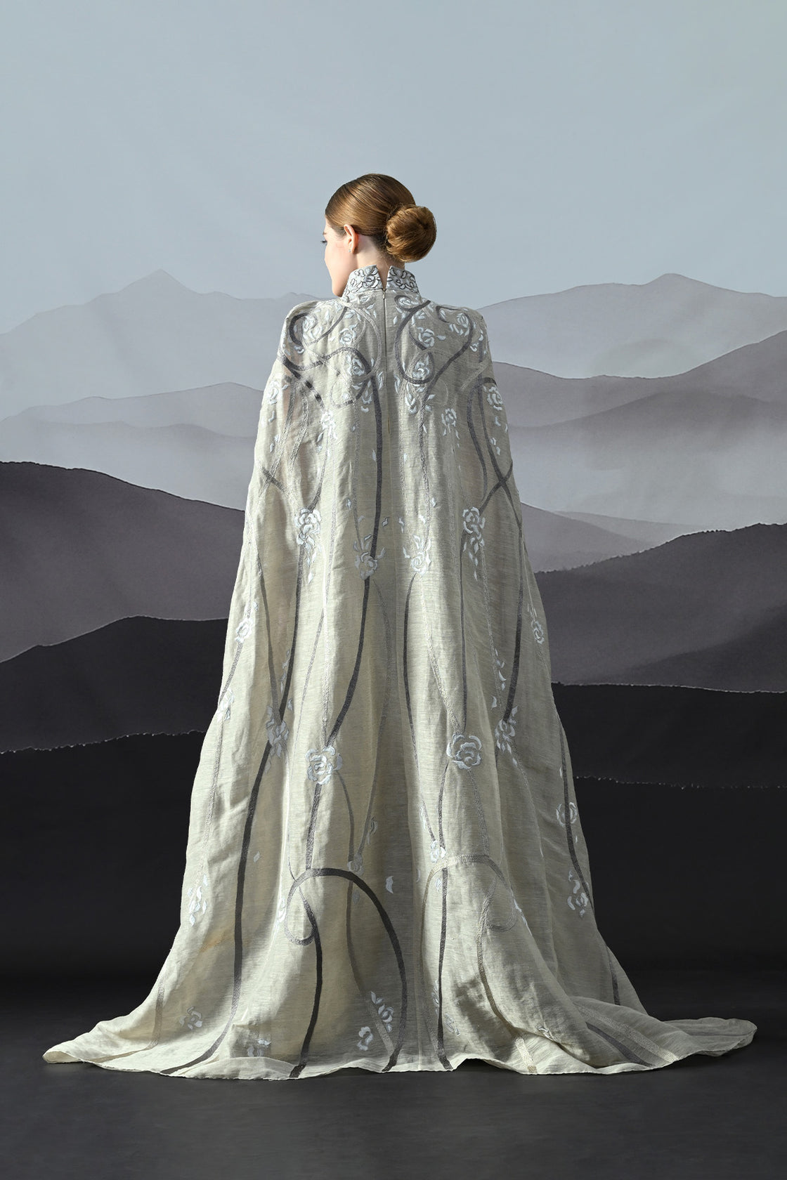 Soft Grey Couture Gown With Hand-Embroidered Floral Trails And Sheer Draped Panels