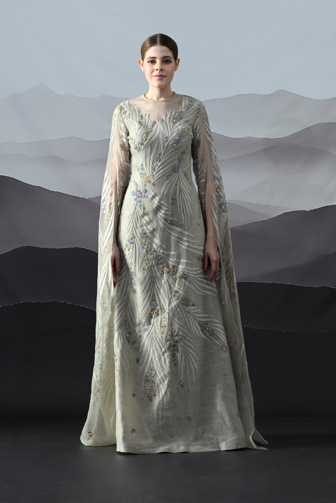 Soft Grey Gown with Handworked Floral Trails, and Sheer Overlay