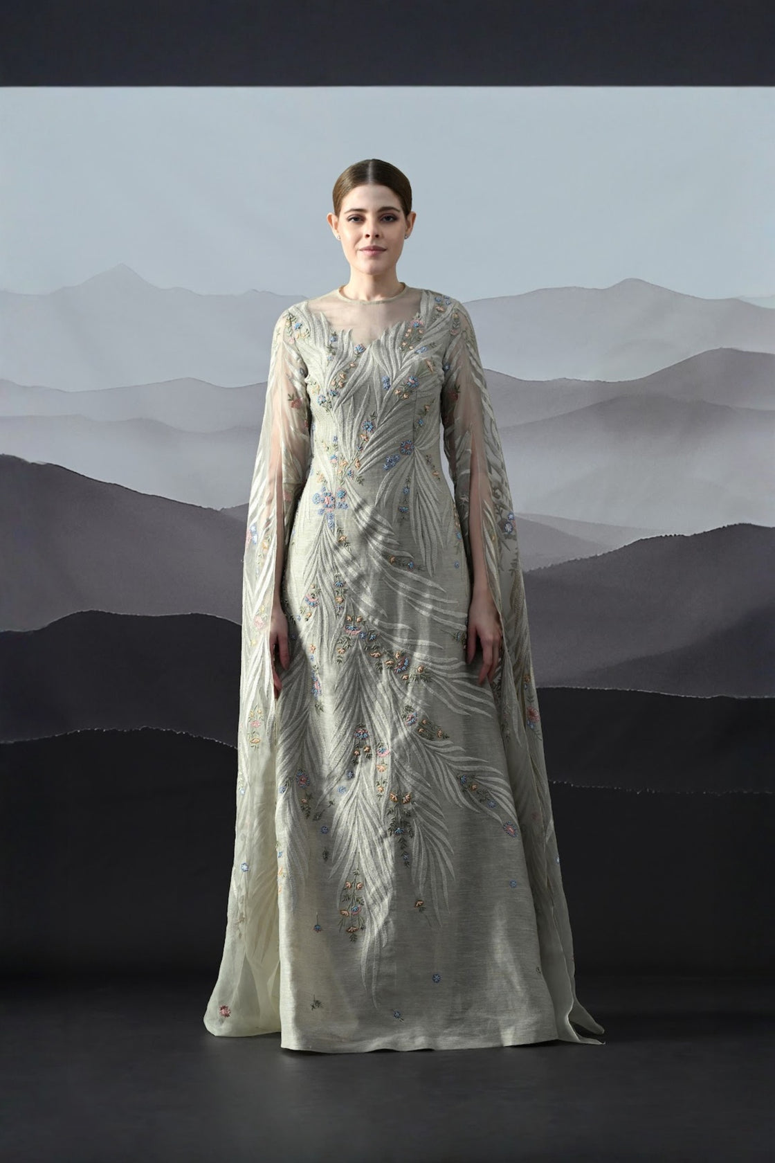 Soft Grey Gown With Handworked Floral Trails, And Sheer Overlay