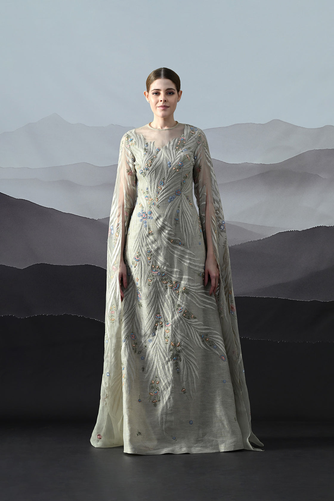 Soft Grey Gown With Handworked Floral Trails, And Sheer Overlay