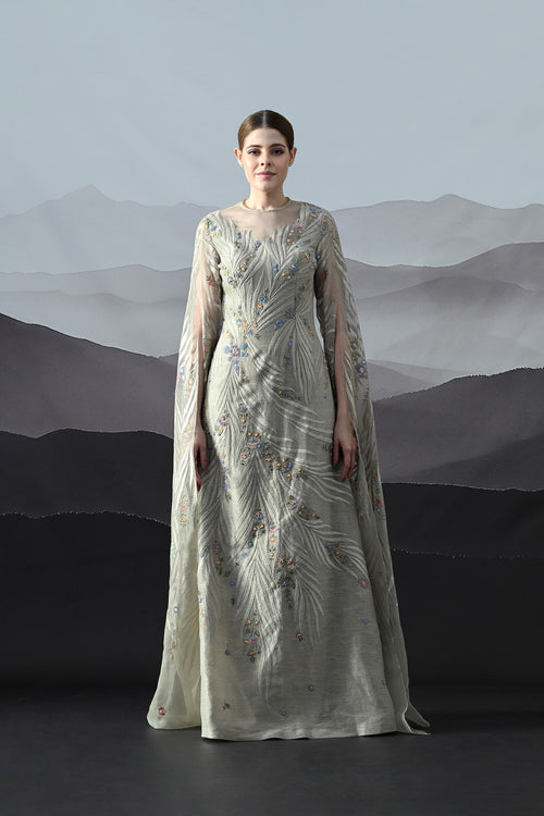 Soft Grey Gown With Handworked Floral Trails, And Sheer Overlay