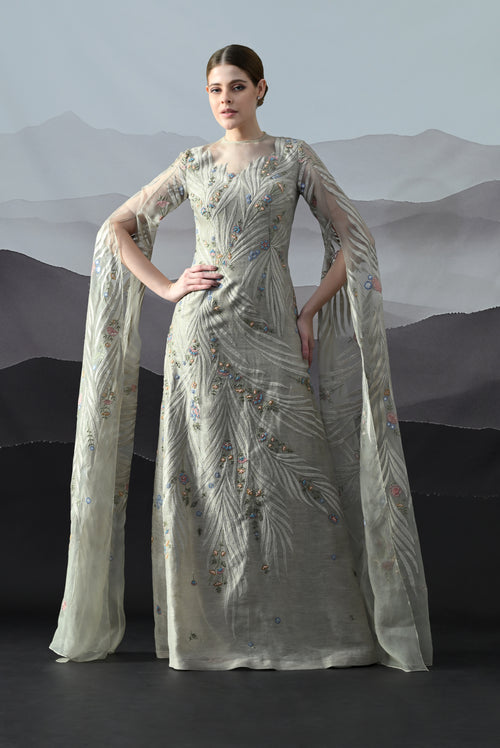 Soft Grey Gown with Handworked Floral Trails, and Sheer Overlay