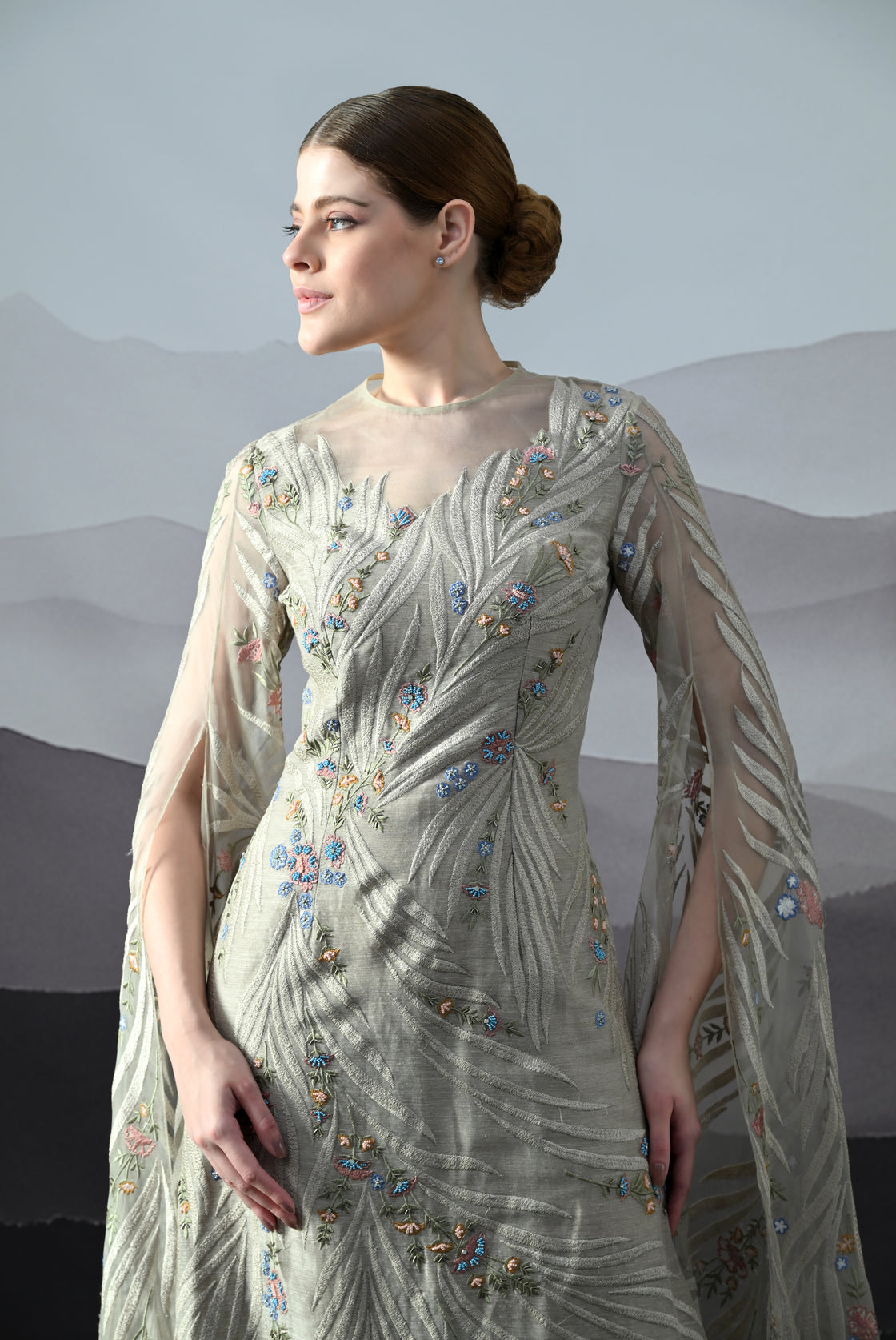 Soft Grey Gown with Handworked Floral Trails, and Sheer Overlay