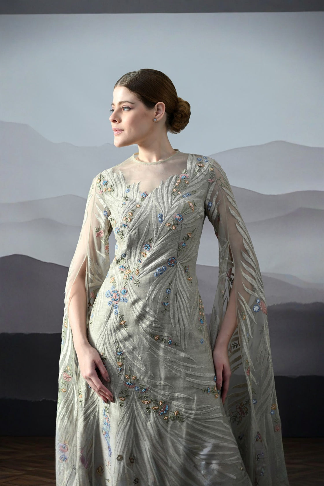 Soft Grey Gown With Handworked Floral Trails, And Sheer Overlay
