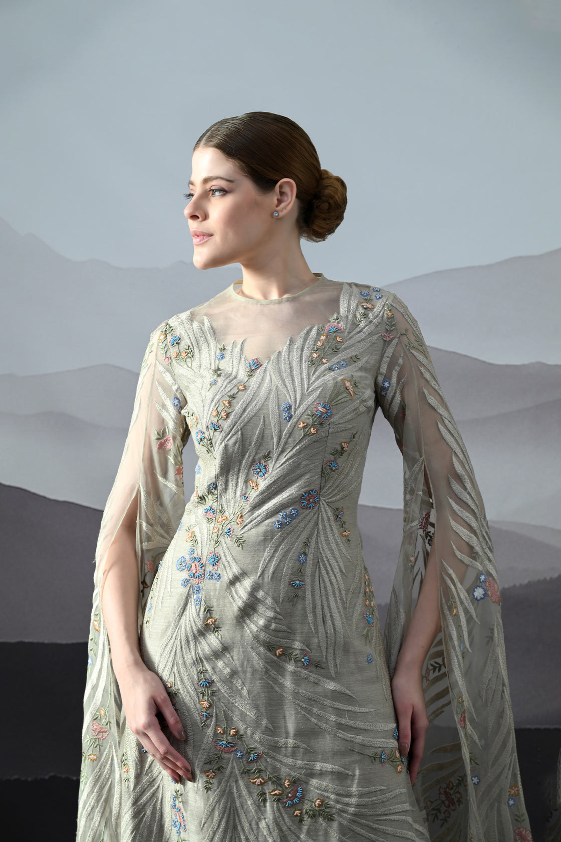 Soft Grey Gown With Handworked Floral Trails, And Sheer Overlay