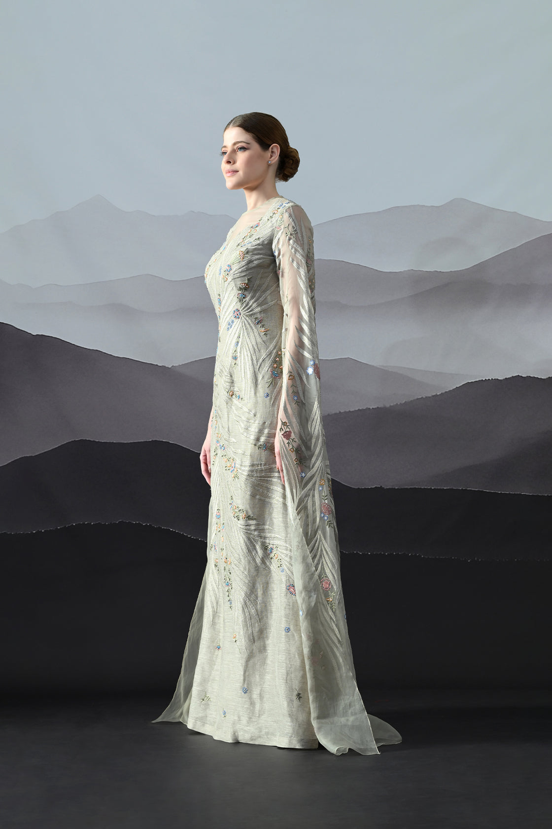 Soft Grey Gown With Handworked Floral Trails, And Sheer Overlay