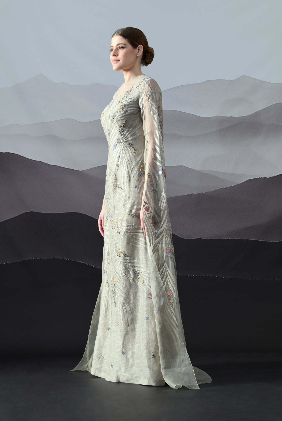 Soft Grey Gown with Handworked Floral Trails, and Sheer Overlay