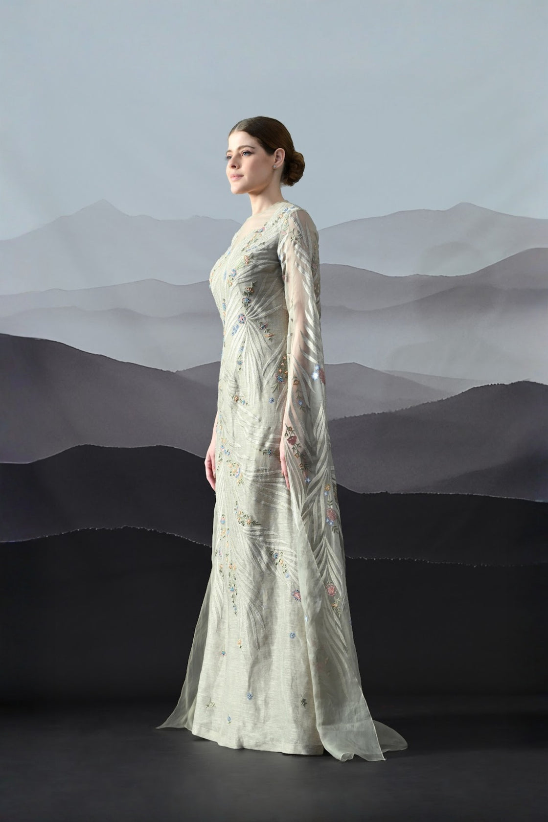 Soft Grey Gown With Handworked Floral Trails, And Sheer Overlay