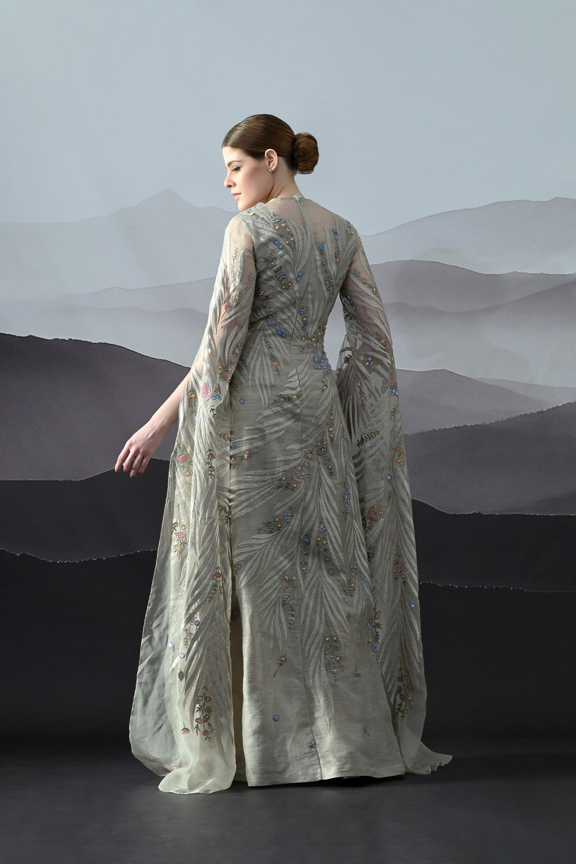 Soft Grey Gown With Handworked Floral Trails, And Sheer Overlay