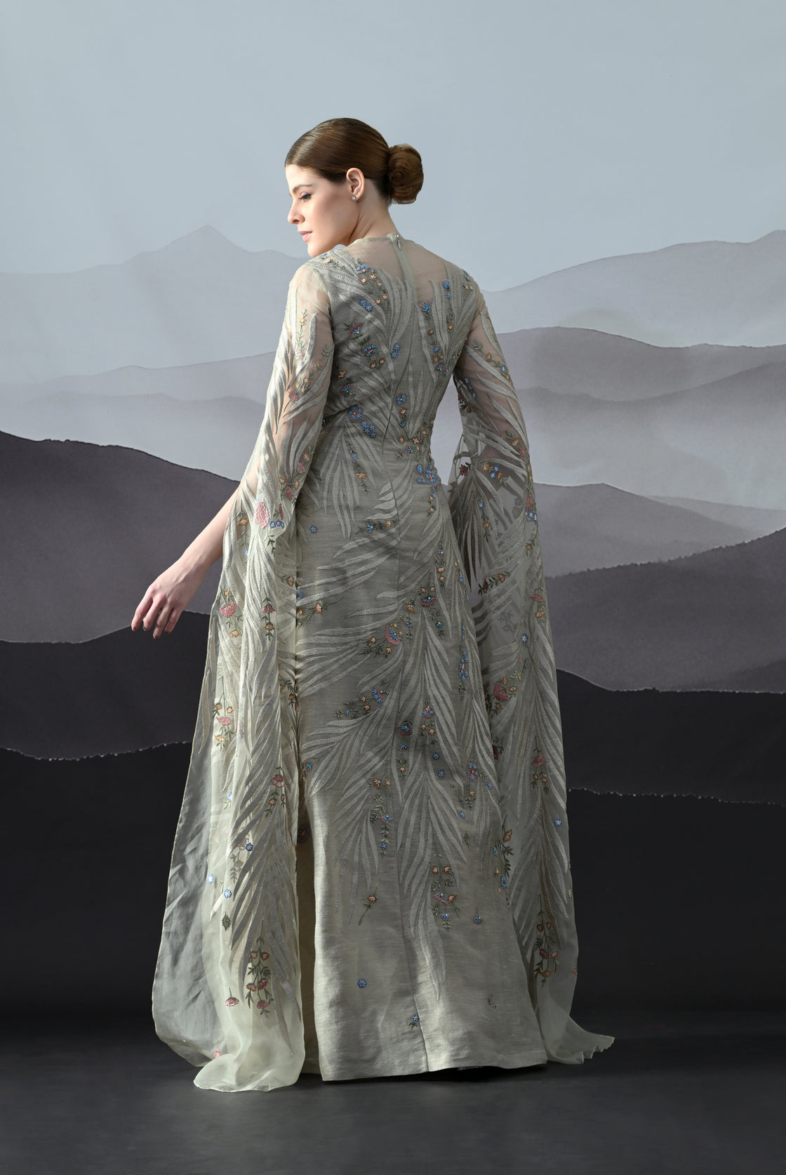 Soft Grey Gown with Handworked Floral Trails, and Sheer Overlay