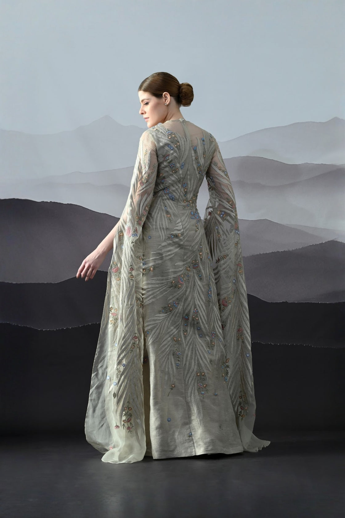 Soft Grey Gown With Handworked Floral Trails, And Sheer Overlay