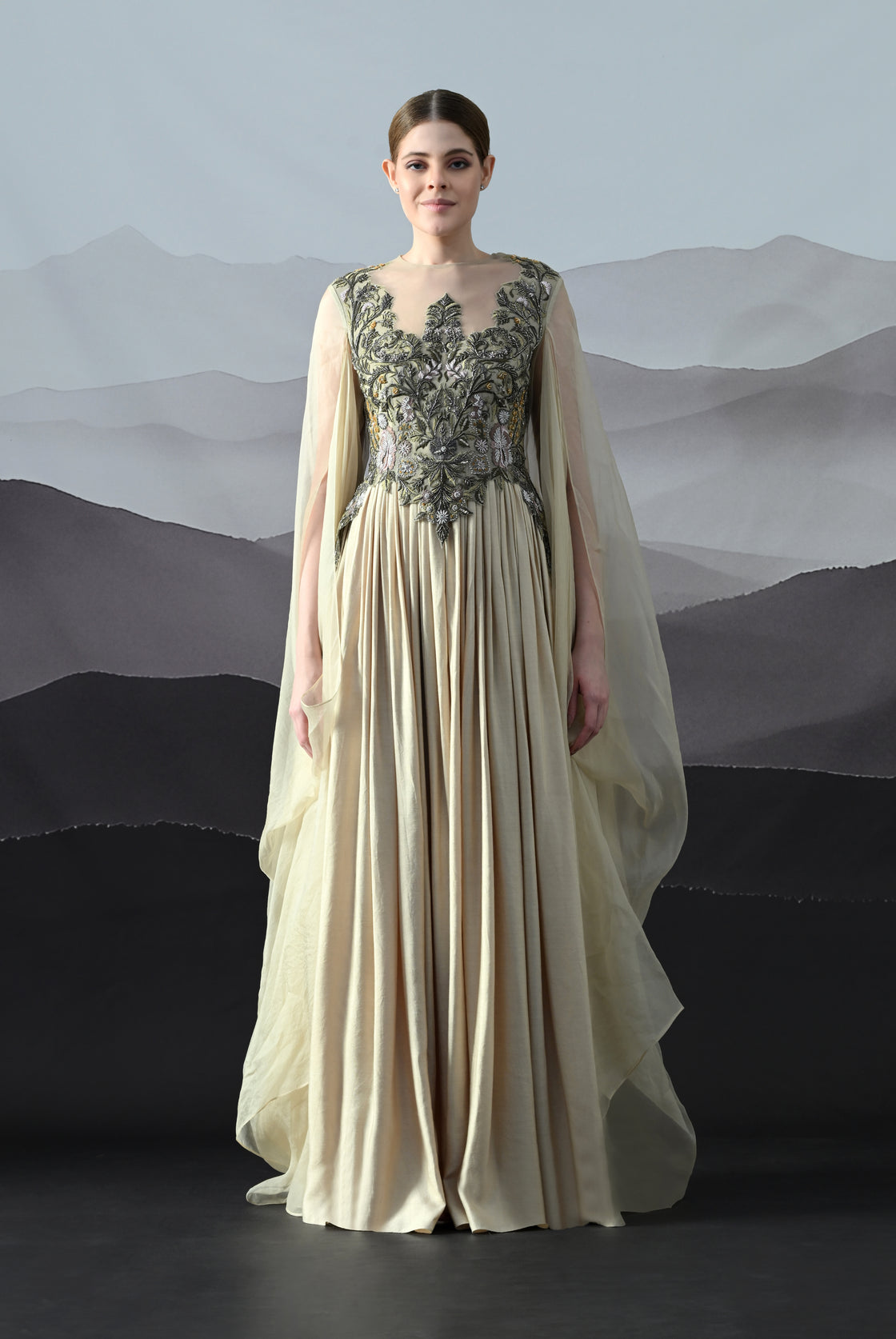 Beige Silhouette with Dense Handwork and Soft Draping