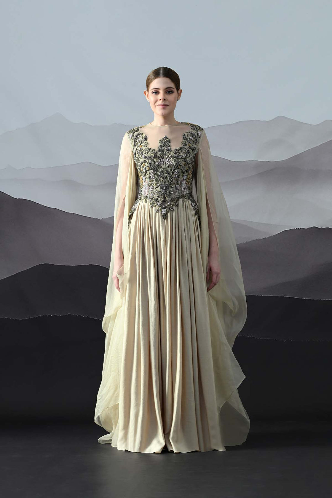 Beige Silhouette With Dense Embroidery And Soft Draping
