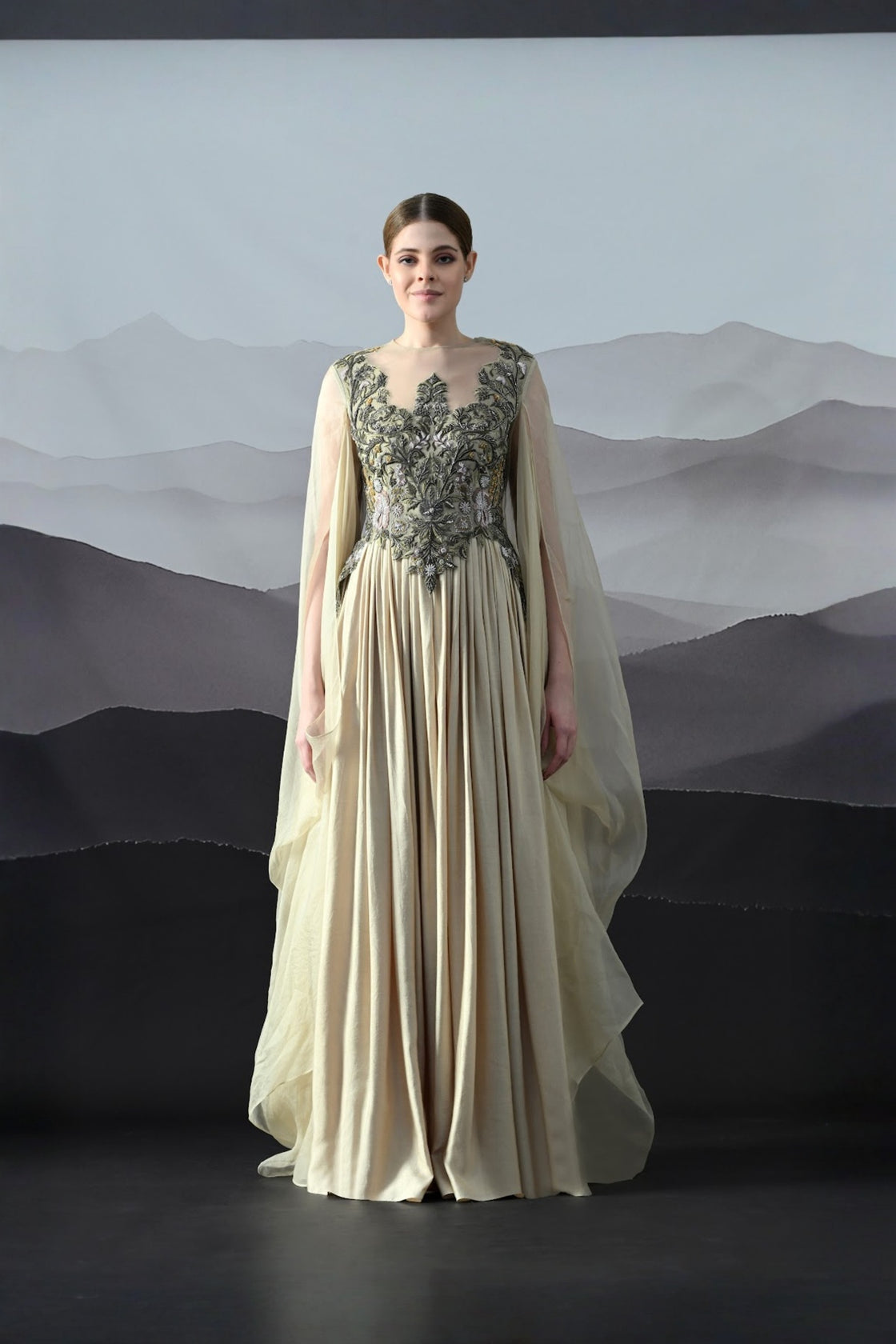 Beige Silhouette With Dense Embroidery And Soft Draping