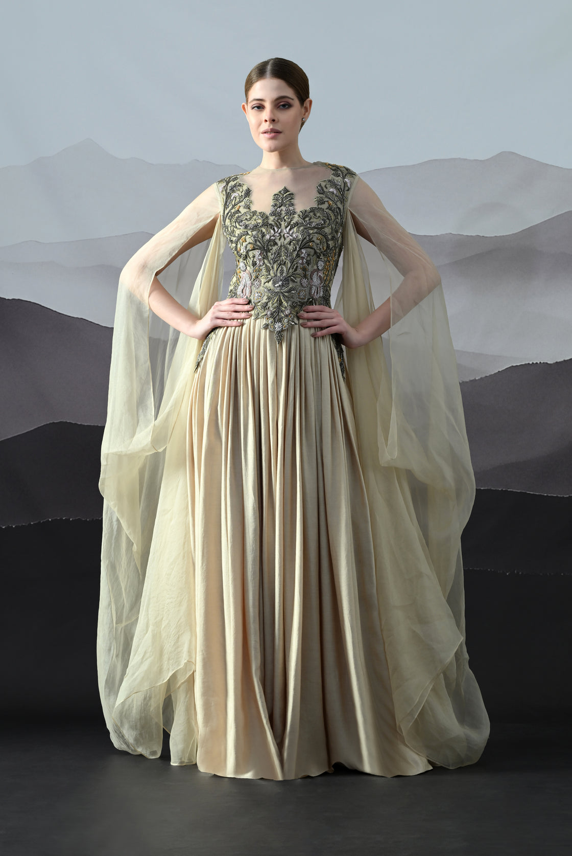 Beige Silhouette with Dense Handwork and Soft Draping