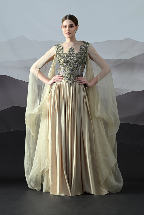 Beige Silhouette with Dense Handwork and Soft Draping