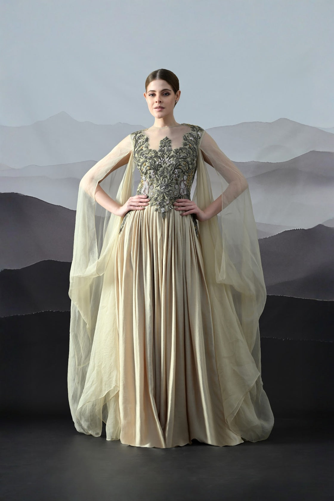 Beige Silhouette With Dense Embroidery And Soft Draping