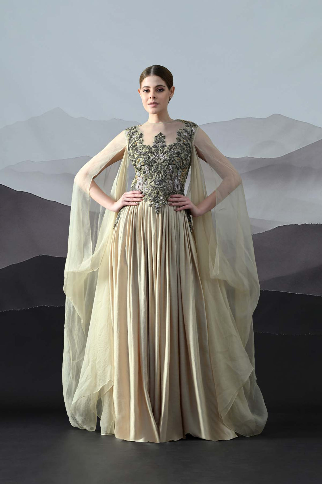 Beige Silhouette With Dense Embroidery And Soft Draping
