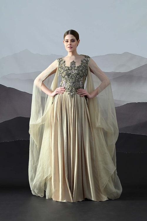 Beige Silhouette With Dense Embroidery And Soft Draping