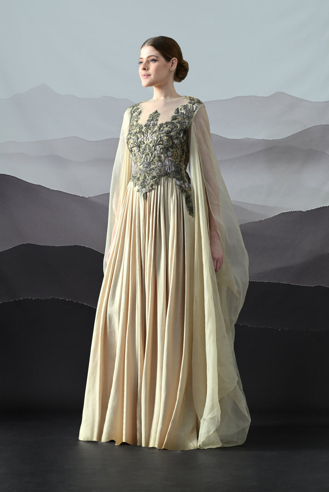 Beige Silhouette with Dense Handwork and Soft Draping