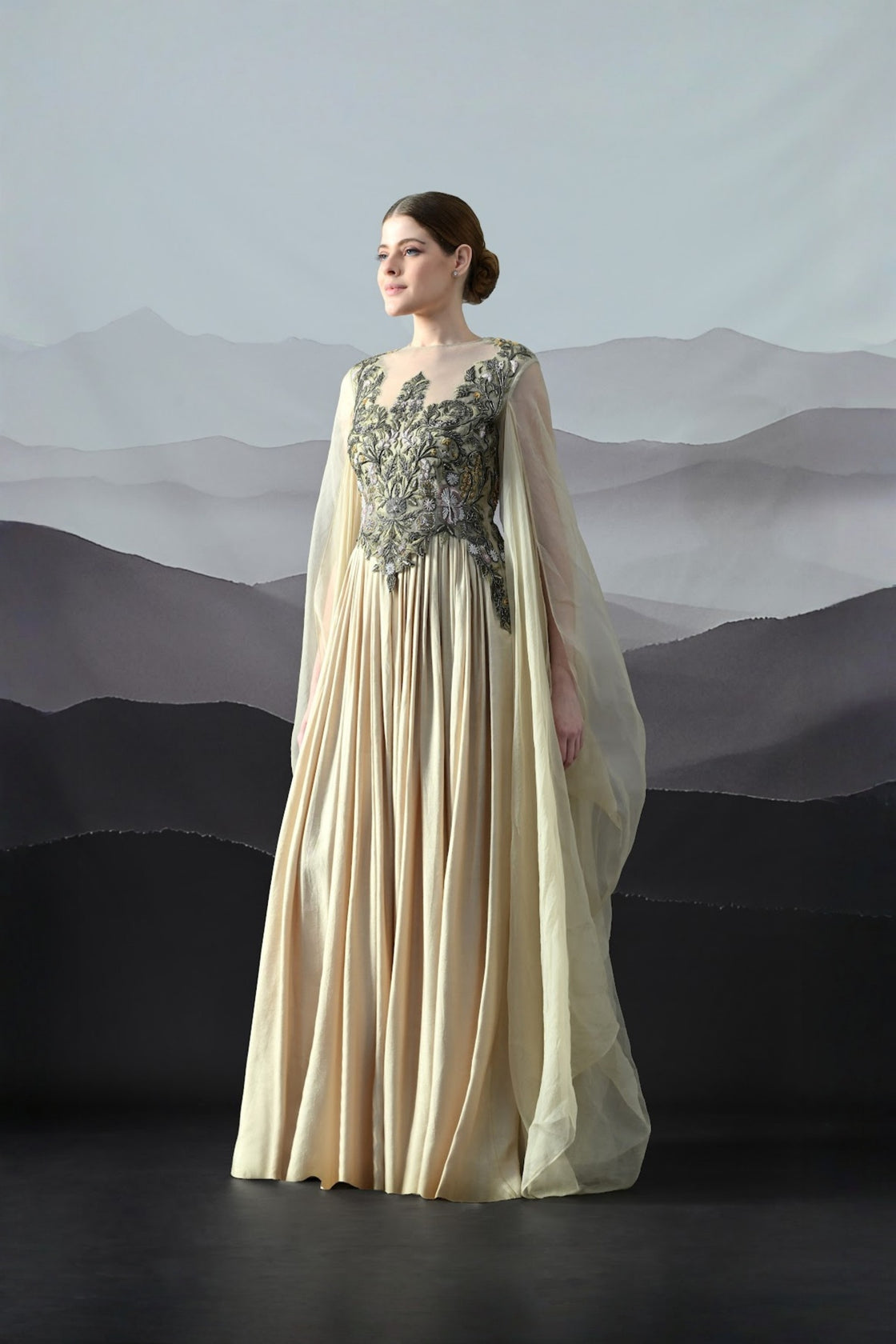 Beige Silhouette With Dense Embroidery And Soft Draping