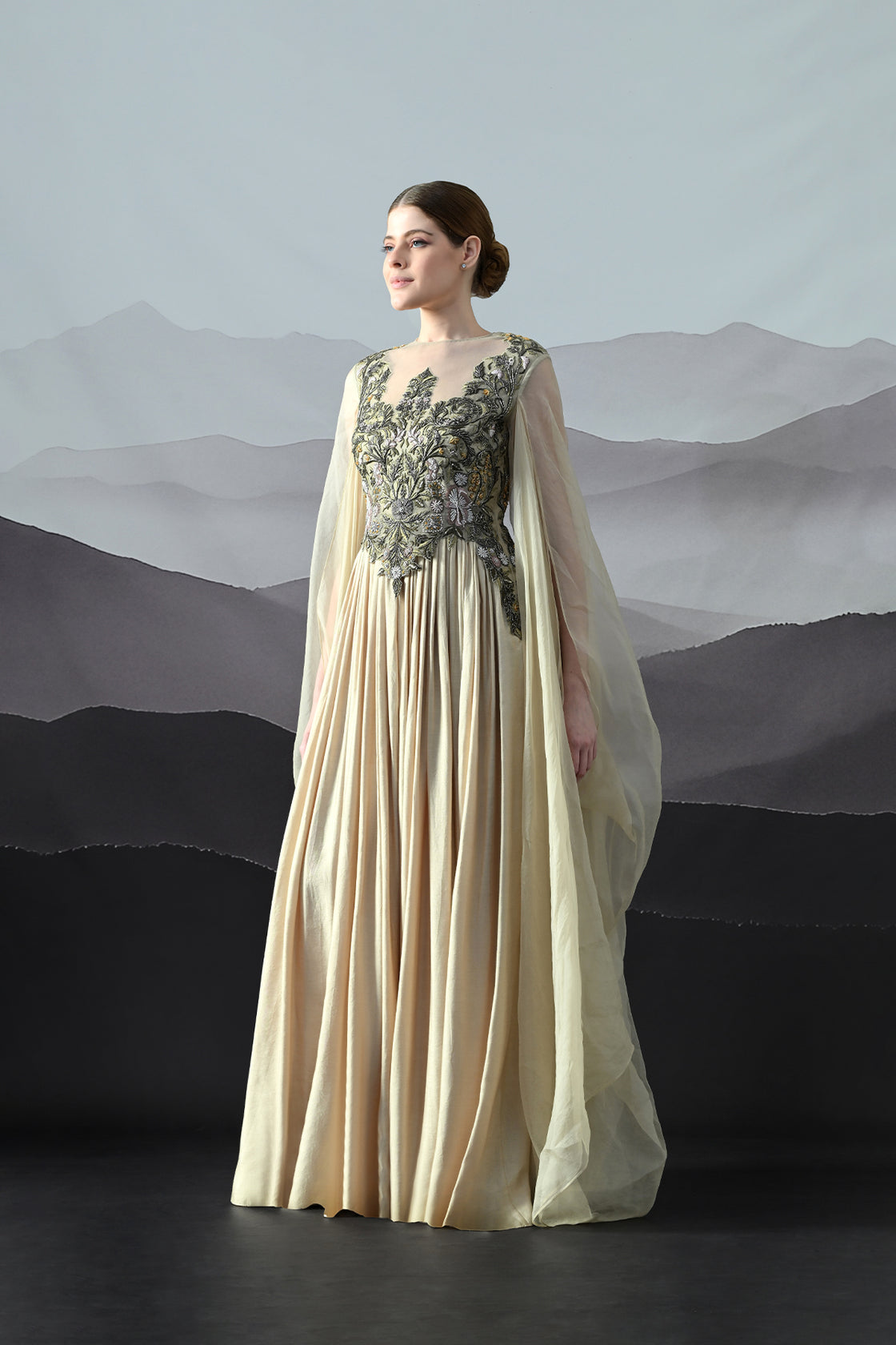 Beige Silhouette With Dense Embroidery And Soft Draping