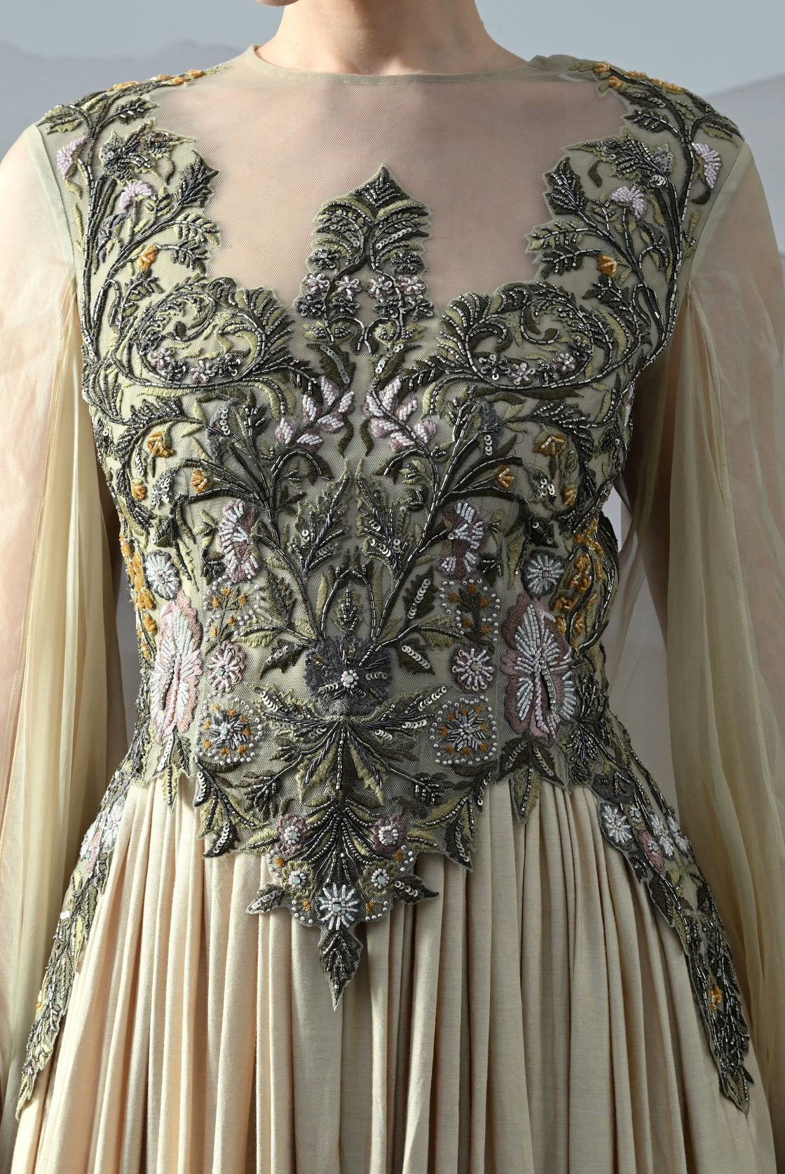 Beige Silhouette with Dense Handwork and Soft Draping