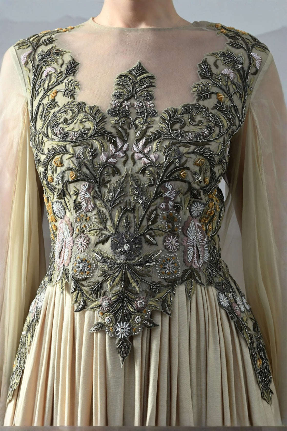 Beige Silhouette With Dense Embroidery And Soft Draping