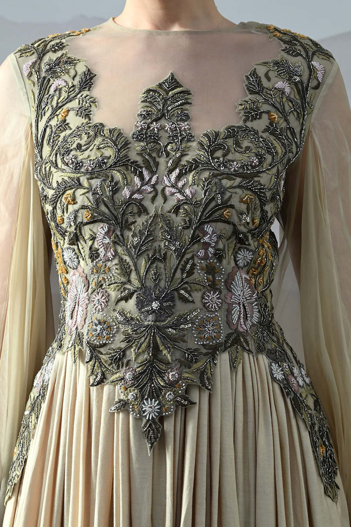 Beige Silhouette With Dense Embroidery And Soft Draping
